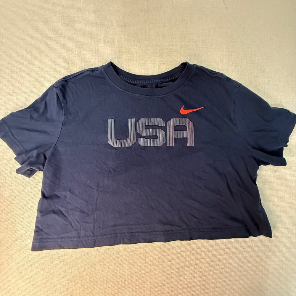 Nike USA Olympics Cropped T-Shirt Navy Blue Graphic Tee Womens Medium