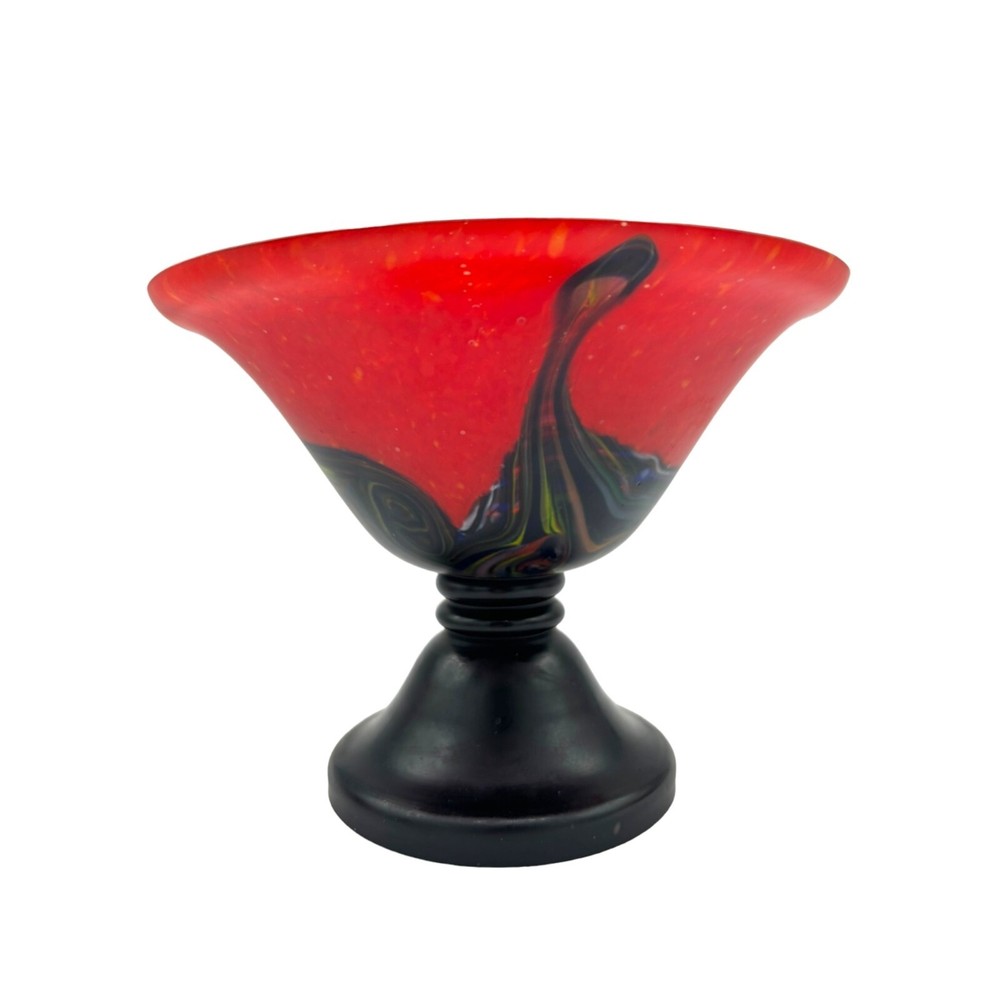Vintage Bohemian Red Black Confetti Art Glass Pedestal Bowl Czechoslovakia