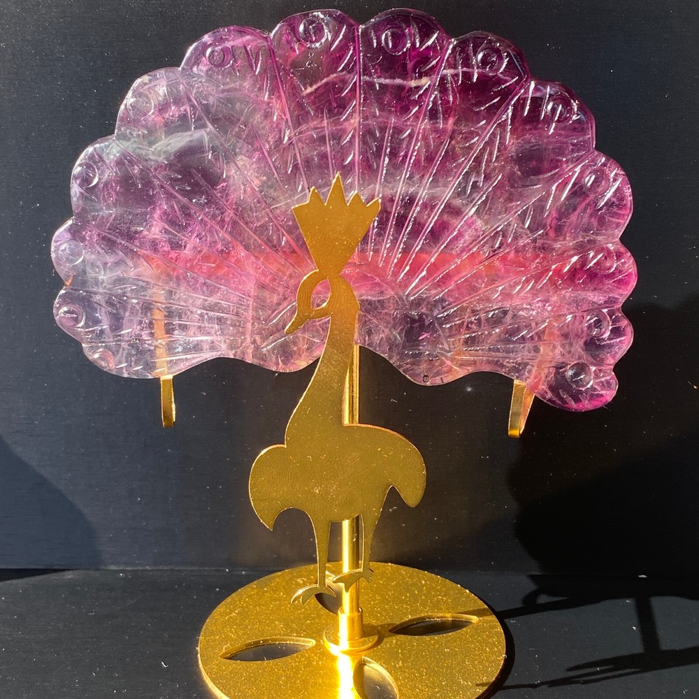 458g Natural fluorite Peacock Quartz Crystal carved skull Reiki Decor + Stand