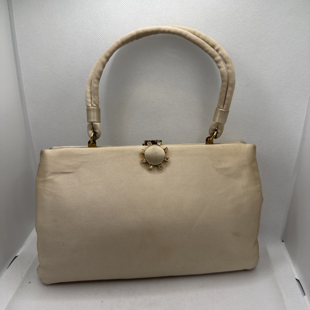 Vintage Beige Ivory Satin w/gold & Rhinestone evening bag - Ingber midcentury