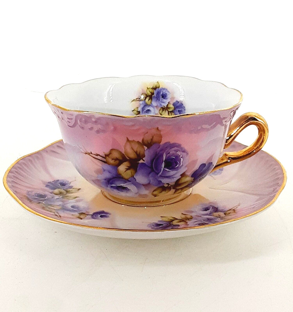 Vtg Teacup Saucer Roses Pink Purple Flowers Gold Trim China Display Only