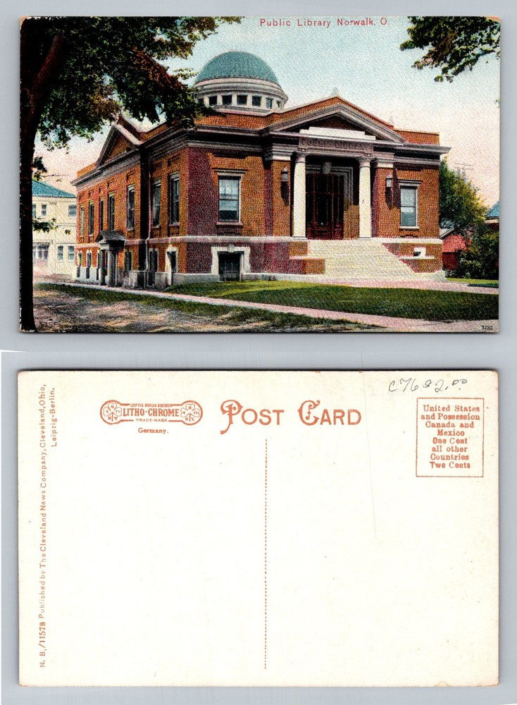 Norwalk, OH-Ohio, Public Library Domed Roof Brick Building Vintage Postcard