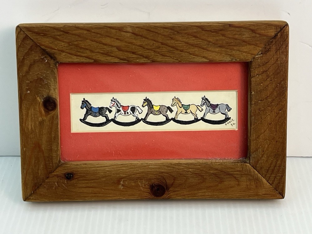 Vintage Wood Framed Matted Print 5 Rocking Horses Signed by Artist Dodie Botkins