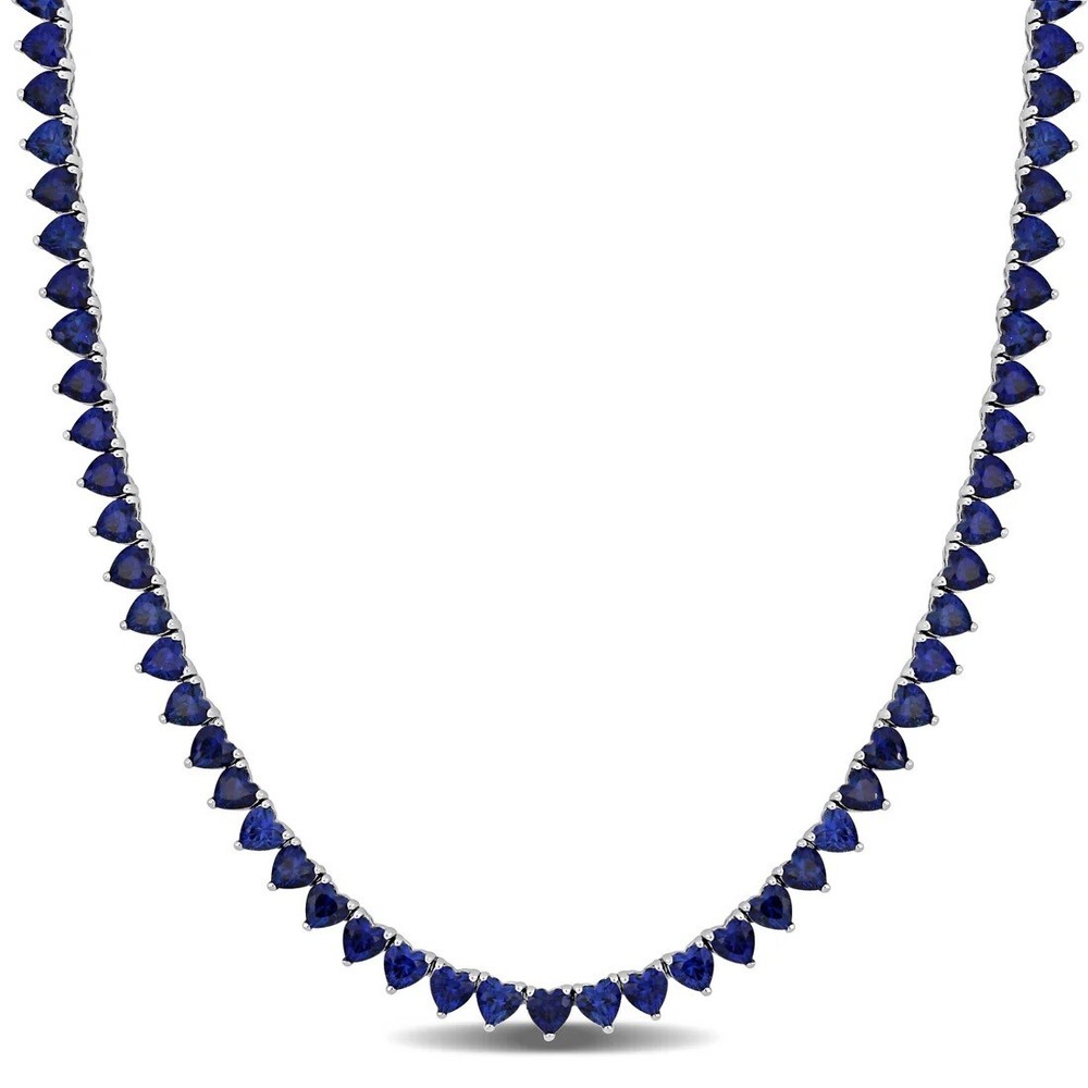 35 ct Created Heart Shaped Blue Sapphire Tennis Women's Necklace 14K Gold Plated