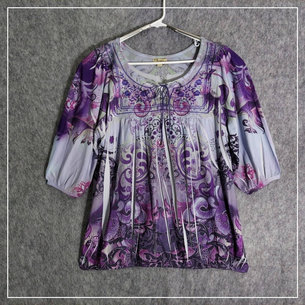 One World Top Women 2X Purple Paisley Peasant Boho Embroidery Embellish 3/4 Slv
