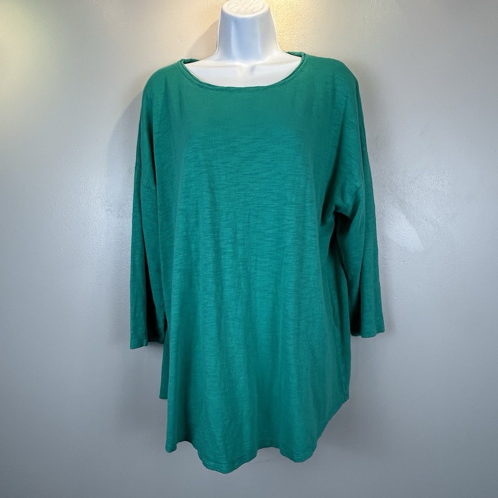 Chico’s Tunic Top Womens 3 US XL Teal Green Cotton Modal 3/4 Sleeves Lagenlook