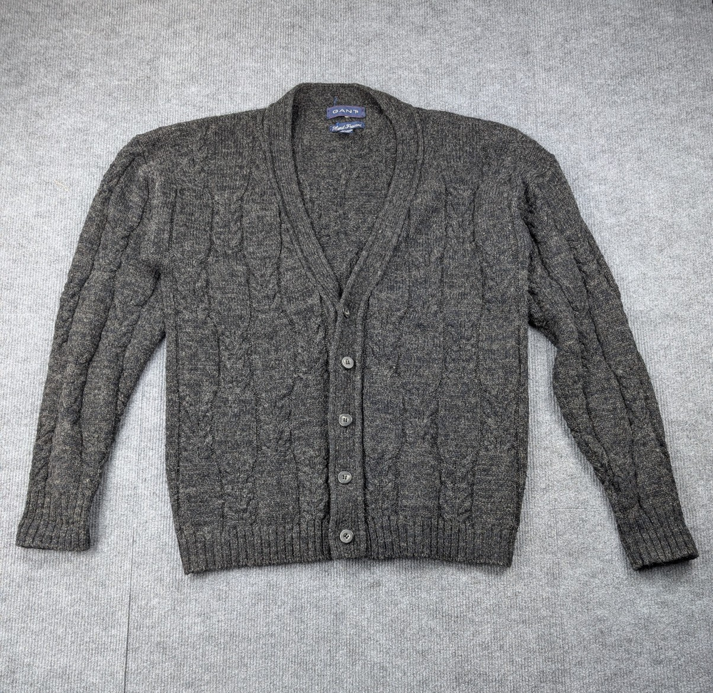 Gant Cable Knit Cardigan Mens Large Wool Sweater Gray Vintage Preppy Timeless