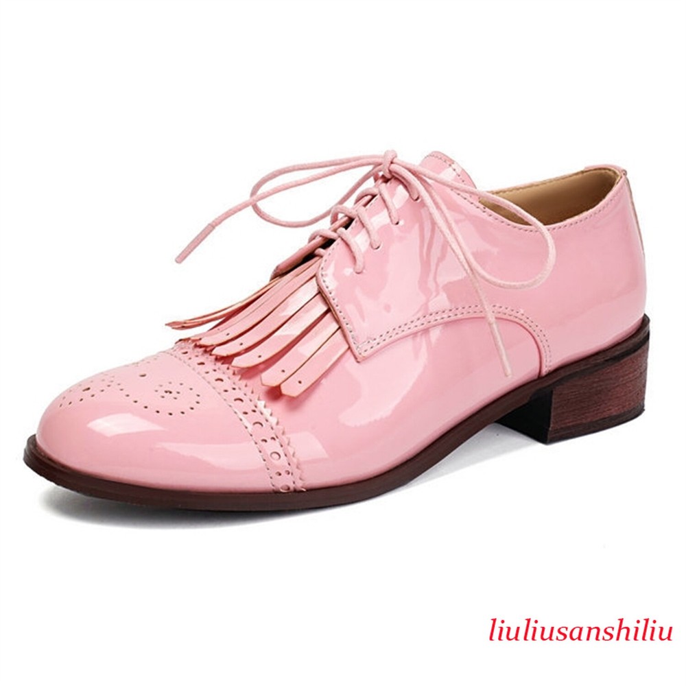 Women's Fringe Oxford Brogues Shoes Retro Perforated Lace Up Block Heel Loafers