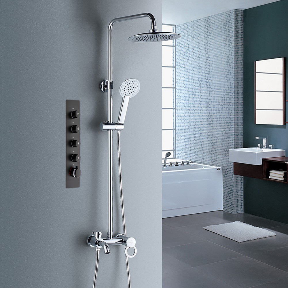 4-Functions Shower Diverter Valve, Thermostatic Mixer Brass Valve W/Cover Plate