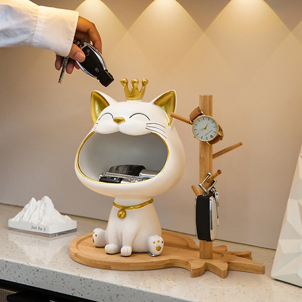 Fortune Cat Key Holder Figurine Resin Animal Sculpture for Study Coffee Shop
