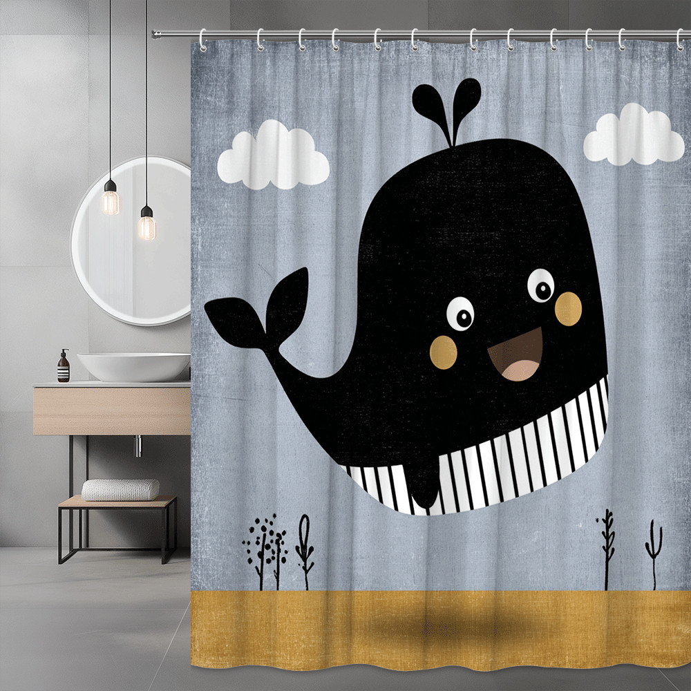 Cute Whale Shower Curtain, Black and White Cartoon Ocean Print