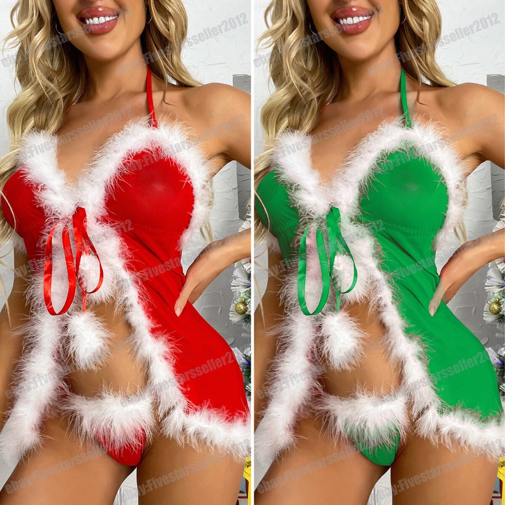 Halter Babydoll Santa Dress G-String Nightwear Sexy Lady Xmas Lingerie Sleepwear