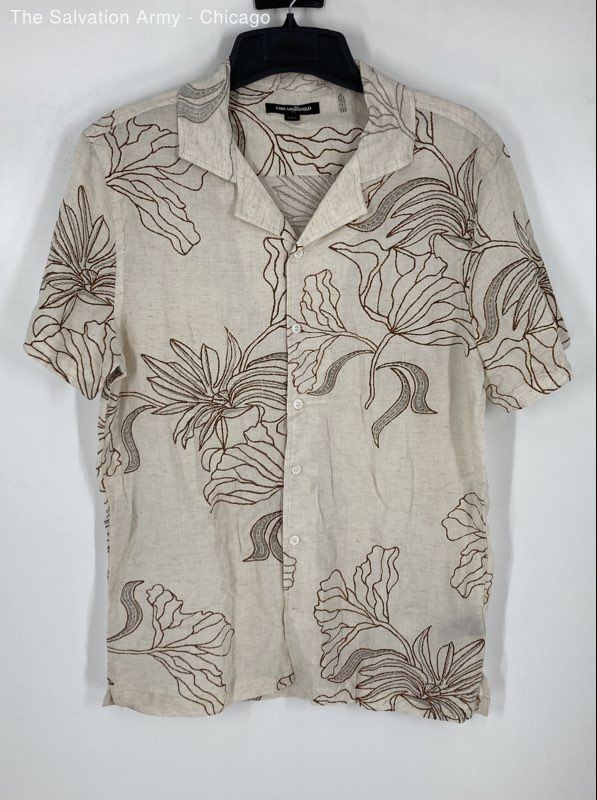 Karl Lagerfeld Mens Beige Floral Collared Short Sleeve Button-Up Shirt Size M