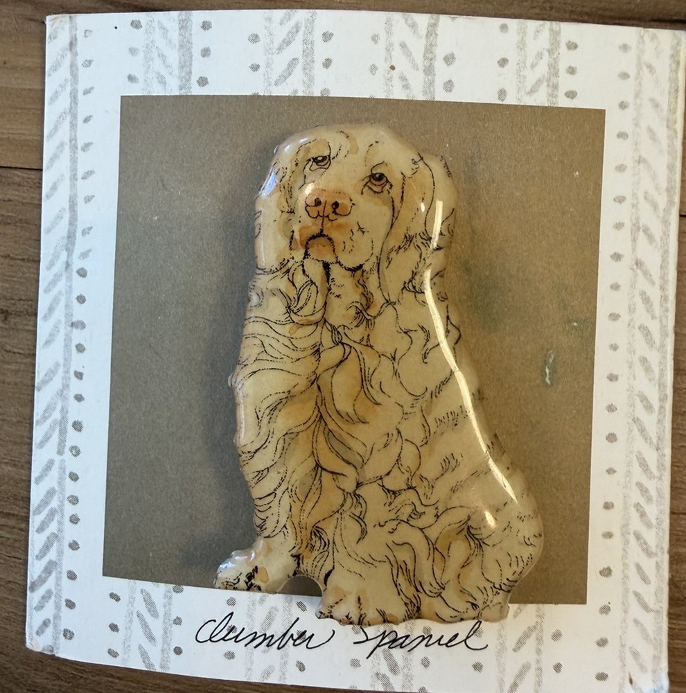 Vintage Clumber Spaniel Dog Brooch Pin Hand Painted Signed OOAK Jewelry