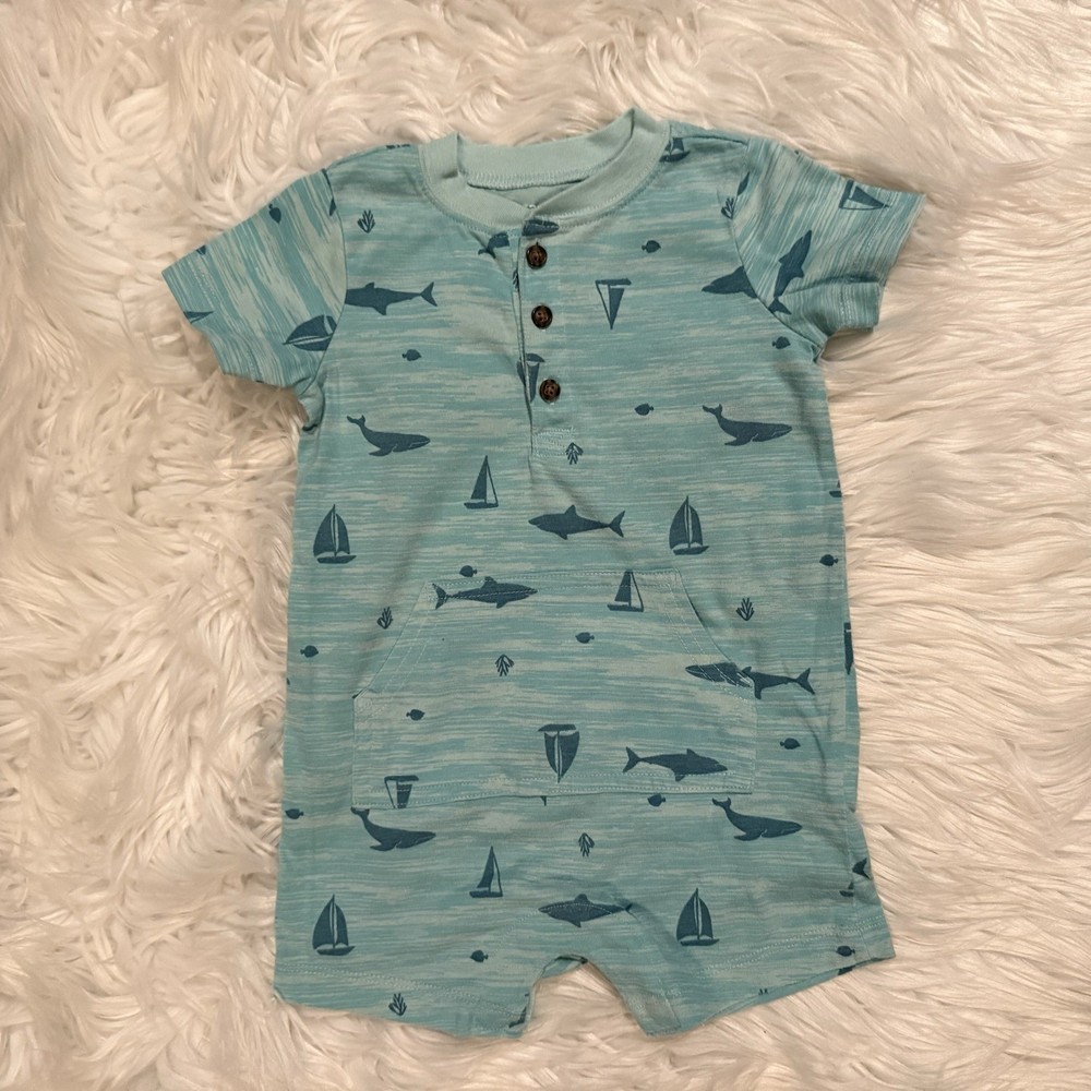 Carter’s Romper Baby Boy 12M Teal Nautical Whale Ocean Short Sleeve EUC