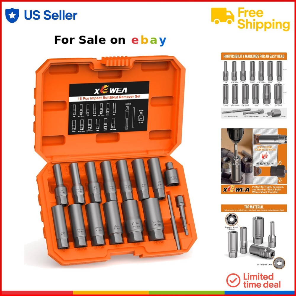 16PCS Impact Bolt Extractor Set Impact Nut Remover for Stripped Nuts Bolts
