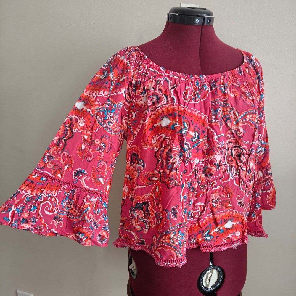 Womens Blouse Bell Flare Sleeve Paisley Boho Off The Shoulder Pink Red Large