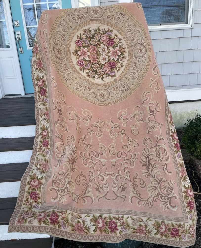 Vintage French Needle Point Aubusson carpet  9’8” By 4’8” Pink, Excellent, Rare!