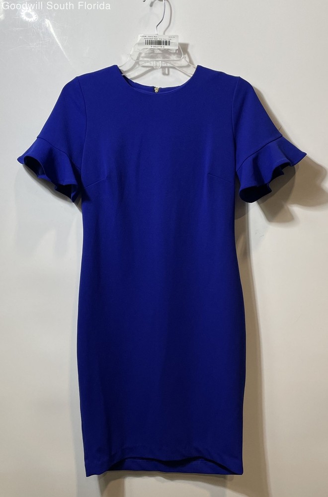Calvin Klein Womens Blue Round Neck Short Sleeve Back Zip Sheath Dress Size 6