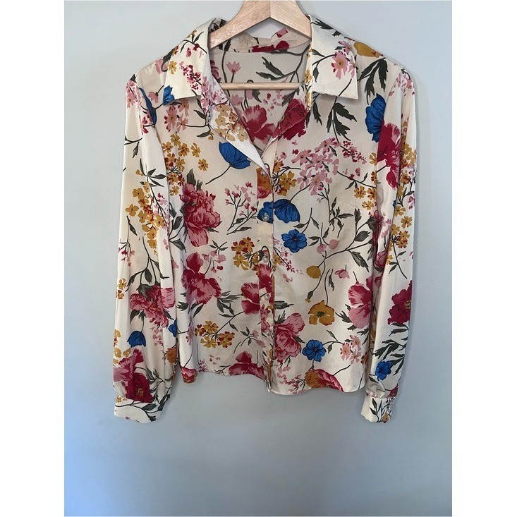 SHEIN Floral Button Down Blouse Cream Pink Blue Long Sleeve Top Sz M 6