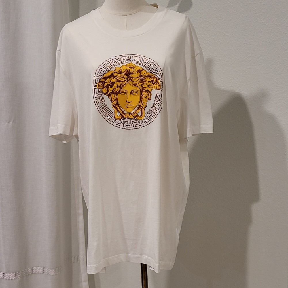 Versace Medusa Studded Logo Graphic Cotton T-Shirt Men's 5XL White Short Sleeve