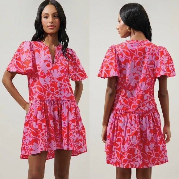 SUGARLIPS Marida Garnet Floral Rock A By Trapeze Mini Dress Pink-Red Women's XS