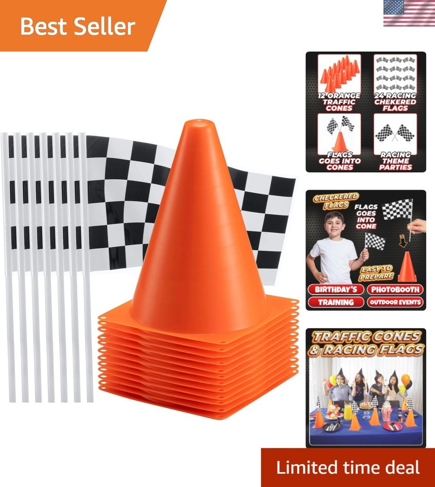 Race Car Birthday Party Decor: 36 Pcs - 12 Orange Cones & 24 Checkered Flags