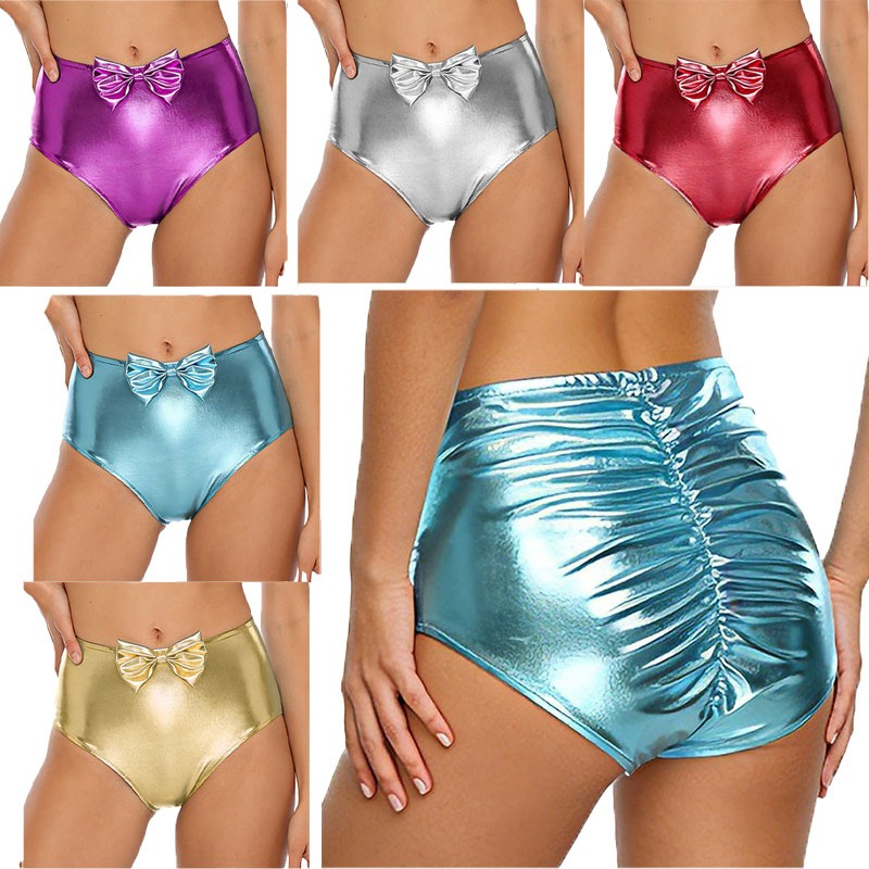 Women's Metallic Shiny Ruched Rave Booty Shorts Hot Pants Cheeky Dance Bottom
