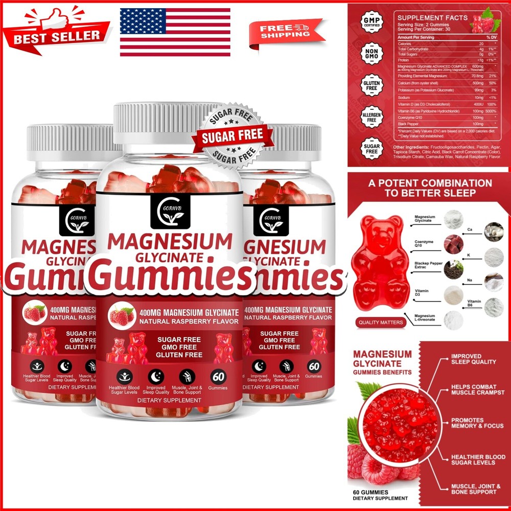 Sugar-Free Magnesium Gummies - 400mg Glycinate, 200mg L-Threonate, Raspberry