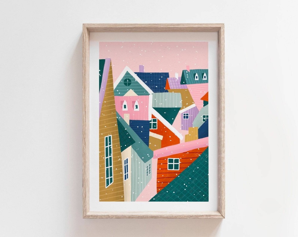 Over The Rooftops Colourful Art Print Christmas Decor Vibrant City Illustration