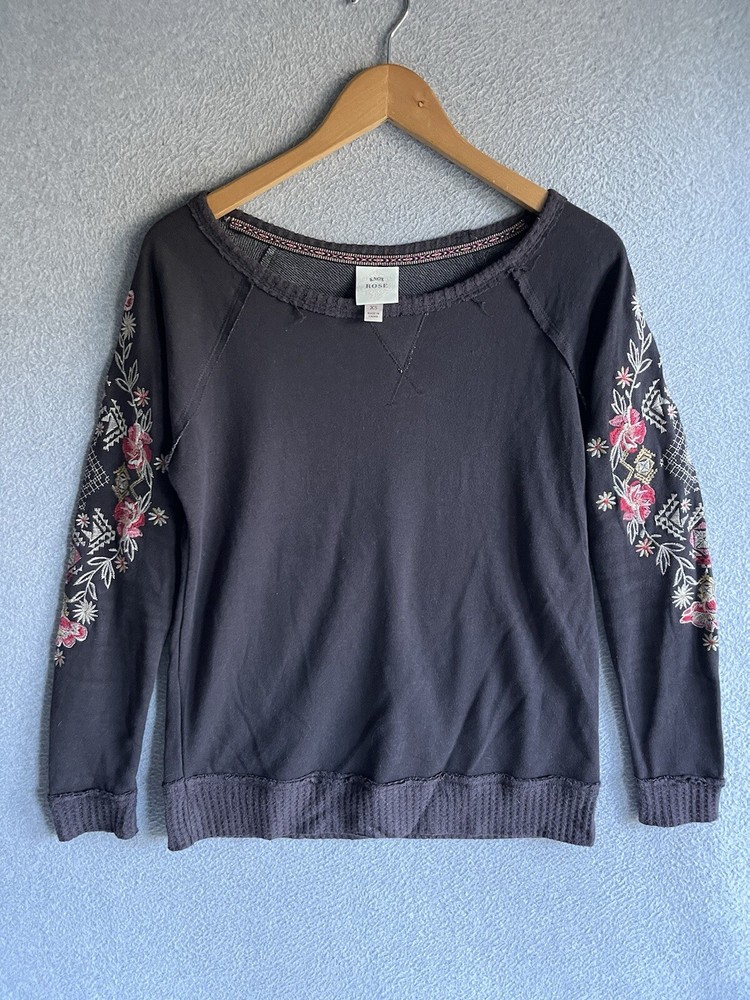 KNOX ROSE Sweatshirt Womens XS Gray Floral Embroidery Hippie Boho