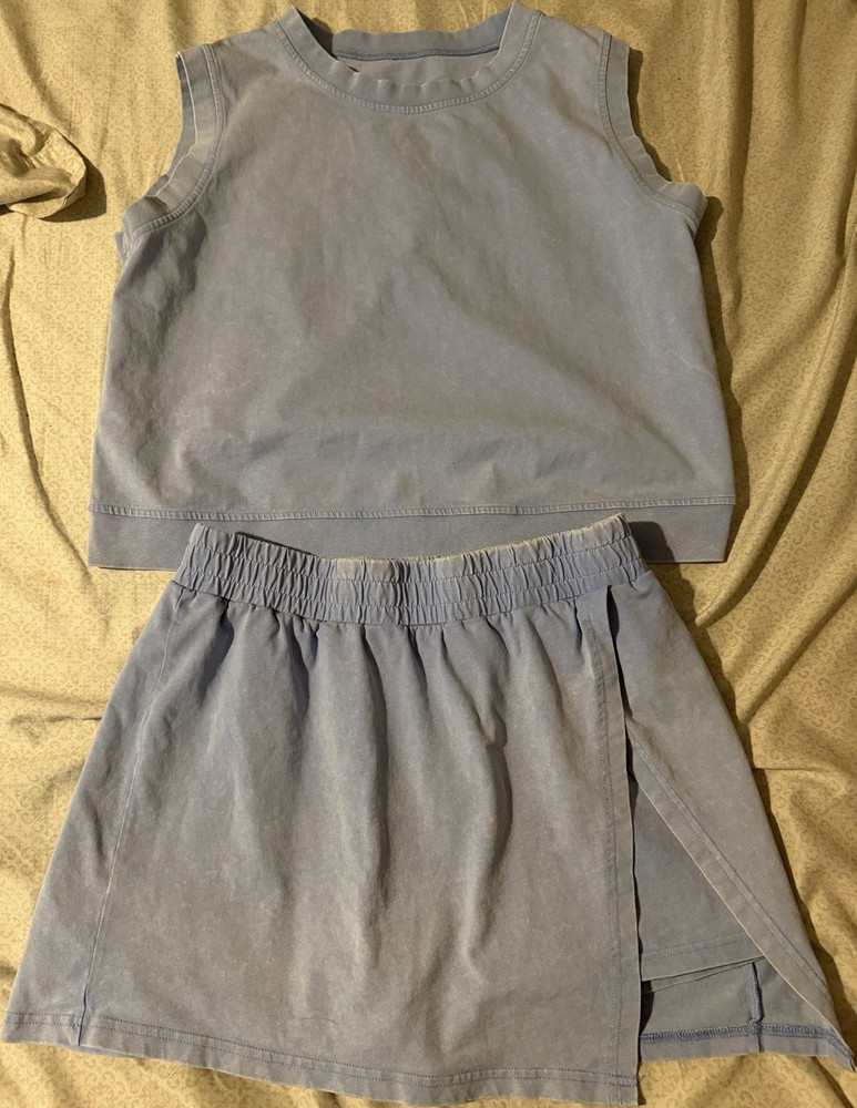 Women’s Blue 2-Piece Cotton Knit Sleeveless Crew Top & Elastic Waist Skort Set L