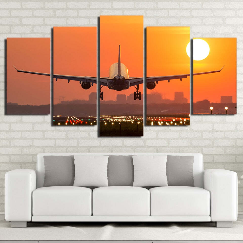 Airplane Sunset Sunrise Cityscape Landing Framed 5 Piece Canvas Wall Art