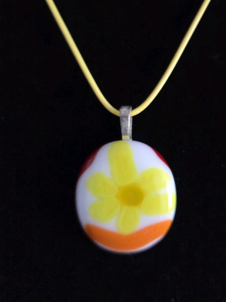 Large Vintage Blown Glass Art Pendant on Leather Necklace Yellow Daisy Flower
