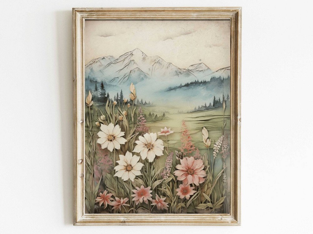 Wildflower And Mountain Wall Art Vintage Nature Print Mountain Painting Rustic
