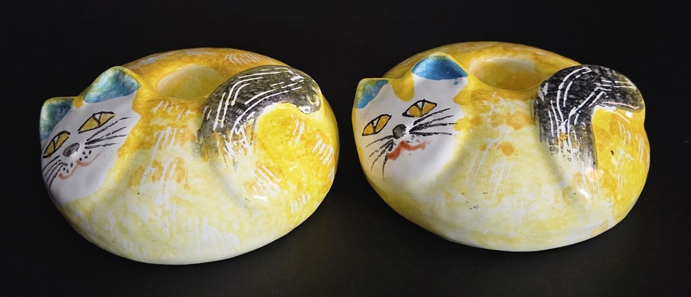 Pier 1 Ceramic Cat Candle Holders Hand Painted Made In Italy Set Of (2) Vintage
