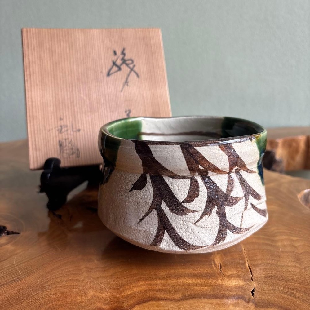 Oribe Ware Matcha Bowl Tea Utensils Artist Signed Box Ceramic Green