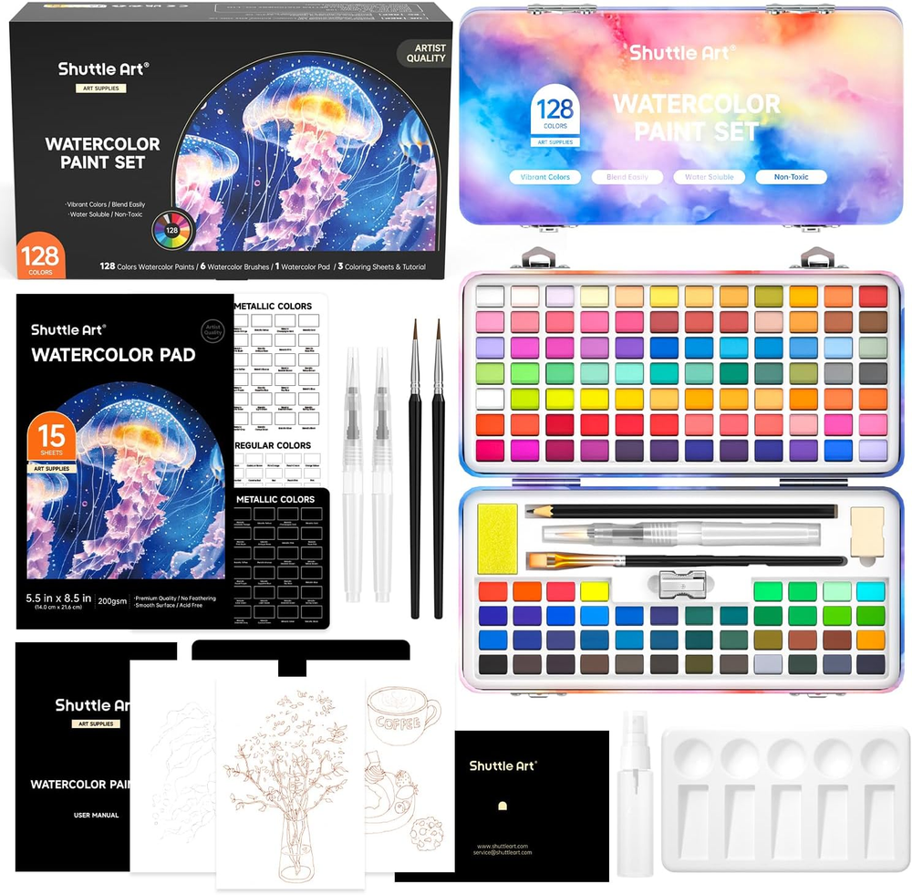 Watercolor Paint Set 128 Vibrant Colors Metallic Shades Travel Watercolor Set