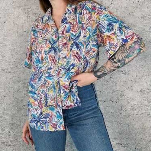 Vintage Esprit Shirt Womens Size S Abstract Palm Tree Print Colorful Boho-image