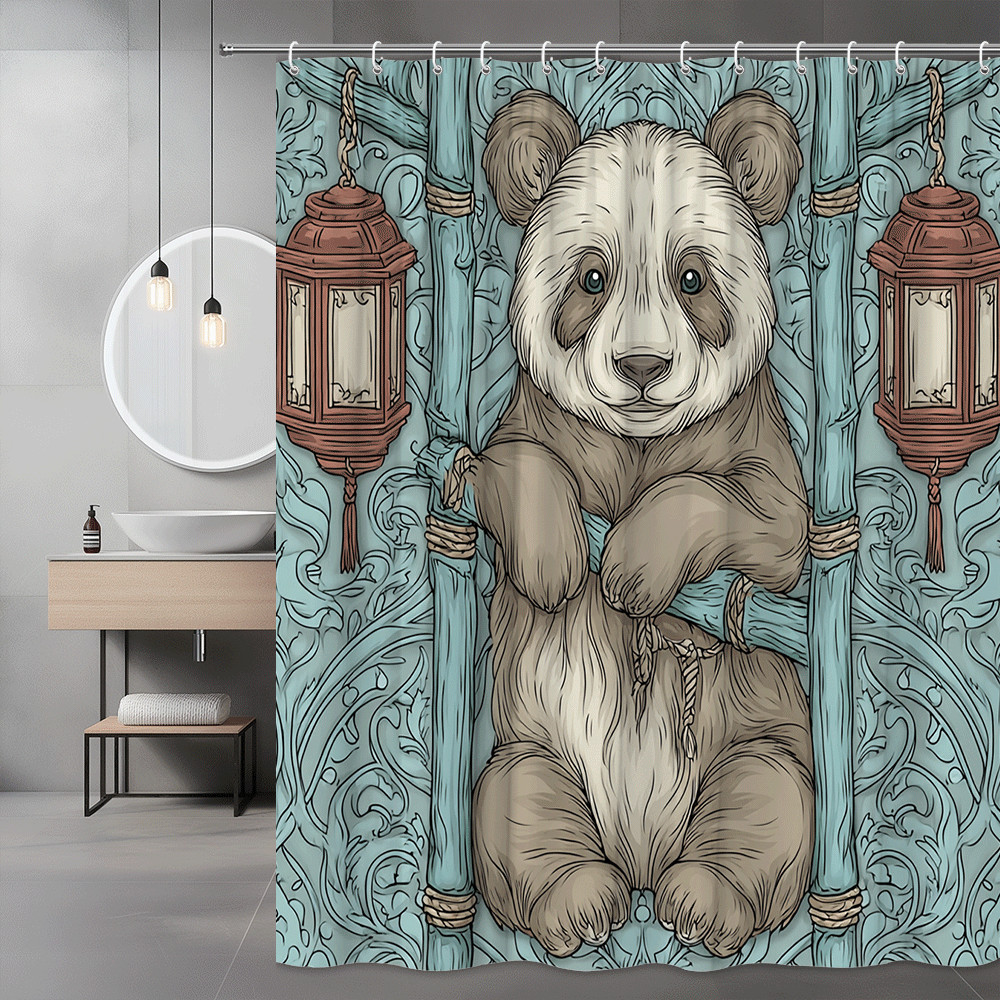 Panda Shower Curtain Blue Floral Lantern Print