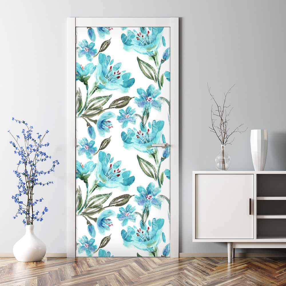 Turquoise floral bubble-free door decal in blue and green temporary sticker