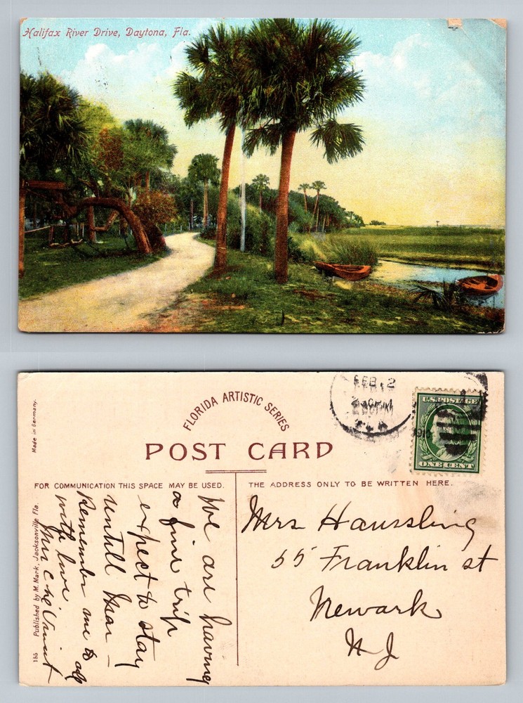 Daytona, FL-Florida, Halifax River Drive Palms Road Boats Vintage c1910 Postcard