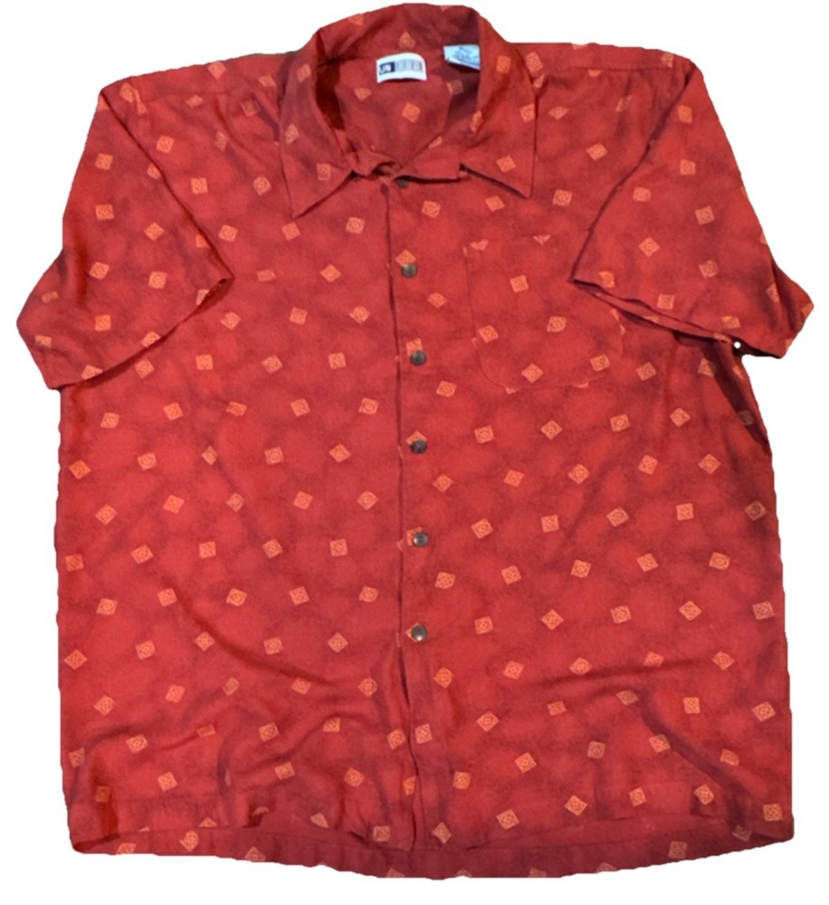 Untied Men’s XL Red Geometric Silk Woven Button-Up Shirt Short Sleeve Casual