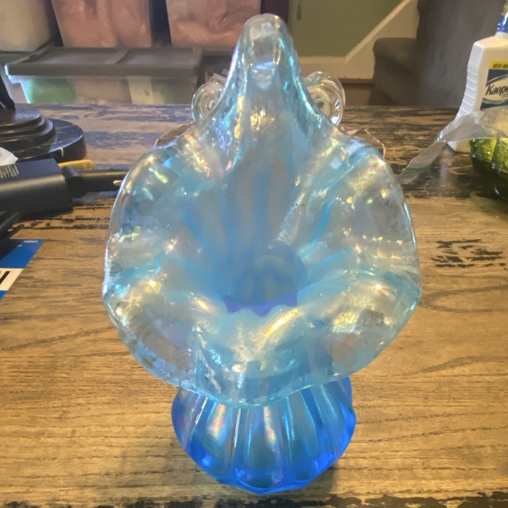 Unmarked Blue Iridescent Art Glass Vase Translucent Glossy Ruffled Rim