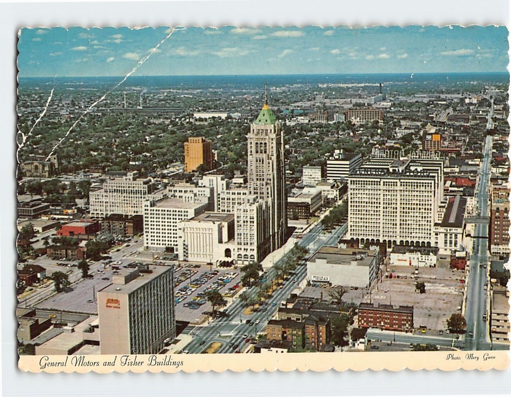 Postcard General Motors and Fisher Buildings Detroit Michigan USA