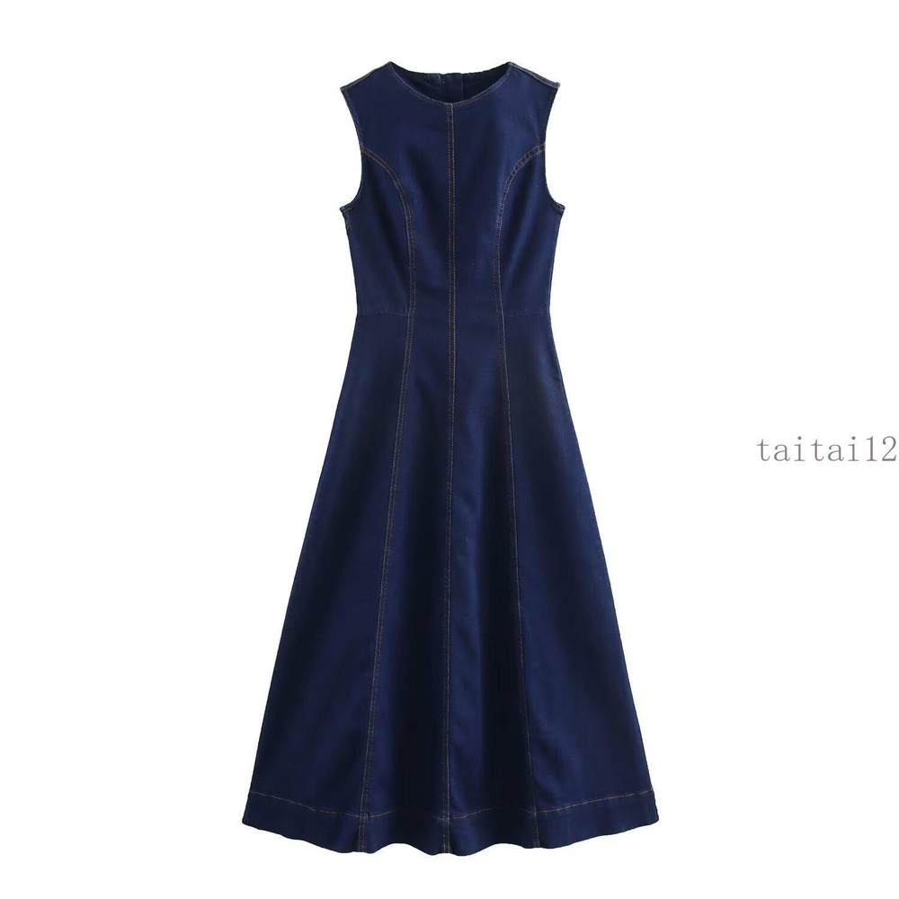 2025 French, Sleeveless Denim Midi Dress Tank Dress for Women in Dark Blue