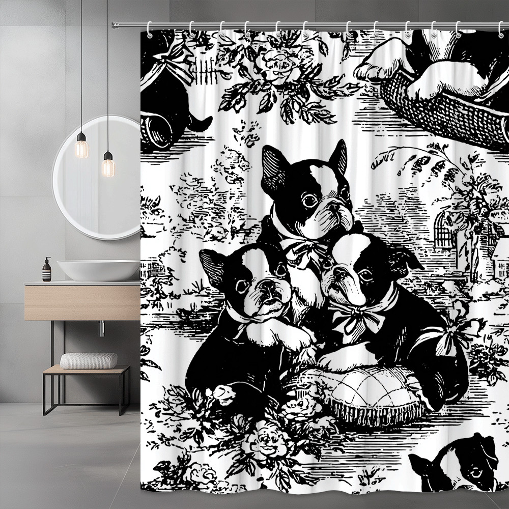 French Bulldog Shower Curtain Black White Dog Floral Print