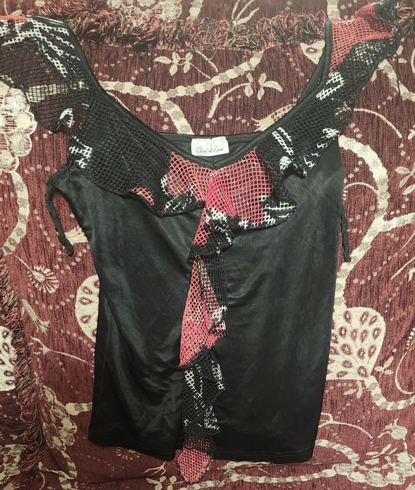 Charlotte Russe Black Red Mesh Ruffle V-Neck Camisole Tank Top for Juniors