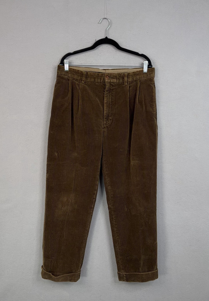 Polo Ralph Lauren Pants Mens 35x30 Brown Corduroy Pleated Cuffed Tapered Chino