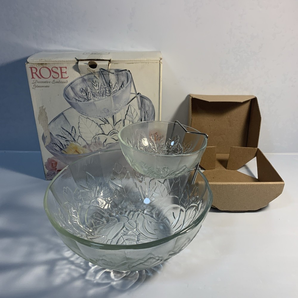 Alco Rose Embossed Glass Chip and Dip Server with Original Box  